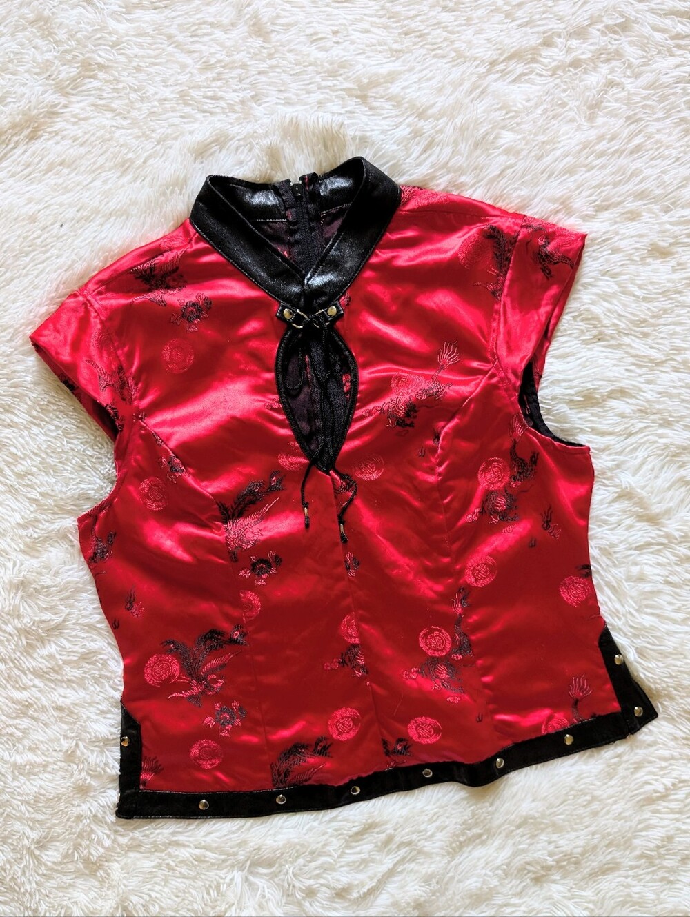 90s Lip Service Red Satin Geisha Keyhole Front Vinyl Studded Trim Vintage Top XL